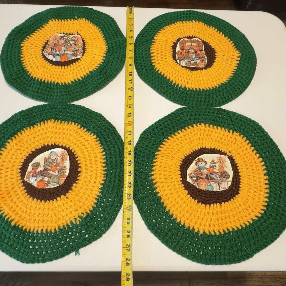 Vintage Green Yellow Crocheted Placemats Set of 4, Handmade Round 13